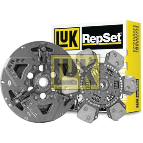 A Sparex Clutch Kit without Bearings - S.147342, featuring a cerametallic clutch disc and pressure plate, displayed in front of the product packaging.