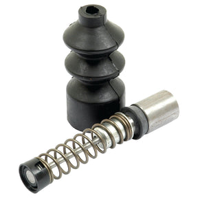 Two mechanical components: one is a black rubber boot with a bellows shape, and the other is a metallic cylindrical part with an attached spring, both designed as part of the Sparex Clutch Master Cylinder Repair Kit (Sparex Part No.S.42318) for Massey Ferguson, fitting perfectly in your clutch master cylinder.