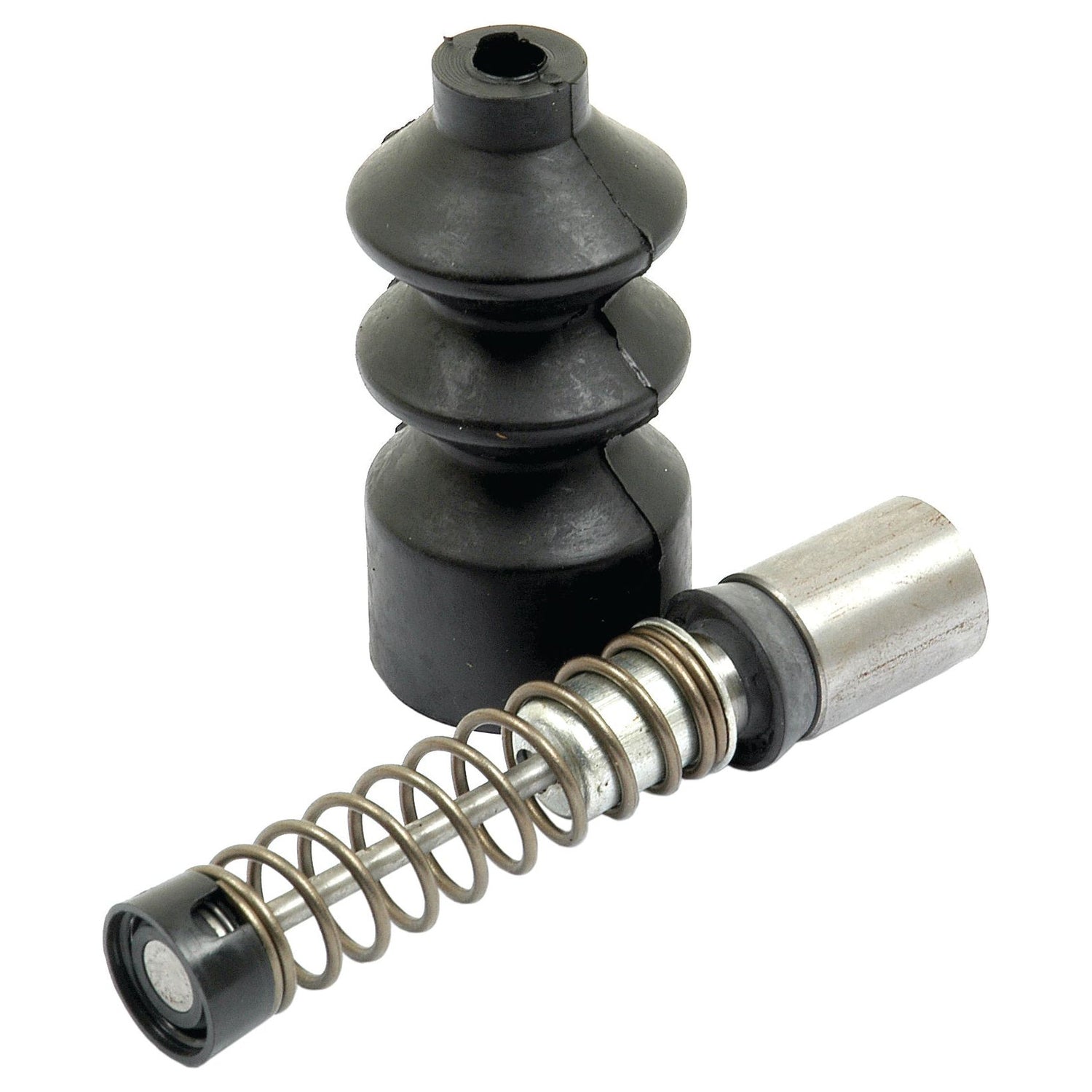 Close-up of an automotive clutch master cylinder repair kit component featuring a black rubber boot and a metal spring mechanism, reminiscent of the robust engineering found in a Sparex Clutch Master Cylinder Repair Kit (Sparex Part No. S.42318).