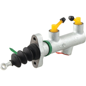 A Sparex Clutch Master Cylinder (Sparex Part No. S.143038) featuring a silver body, two yellow-tipped hydraulic valves, and a black rubber boot, compatible with Ford New Holland machinery.