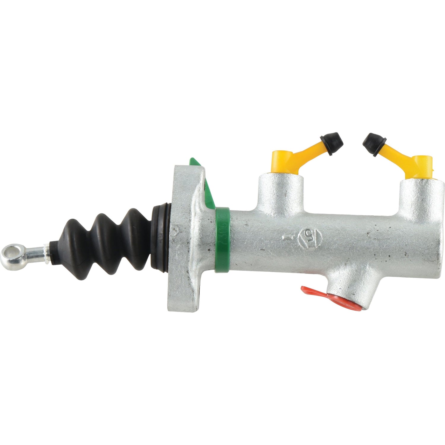 The Sparex Clutch Master Cylinder (Sparex Part No. S.143038) features a silver body, rubber boot, and two yellow-capped ports on top, making it suitable for Ford New Holland tractors.