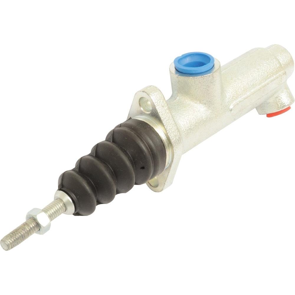 The Sparex Clutch Master Cylinder (Sparex Part No. S.57028) features a metal construction with a threaded rod and black rubber dust boot, is compatible with Fiat F100 models, and is designed for use with DOT4 fluid.