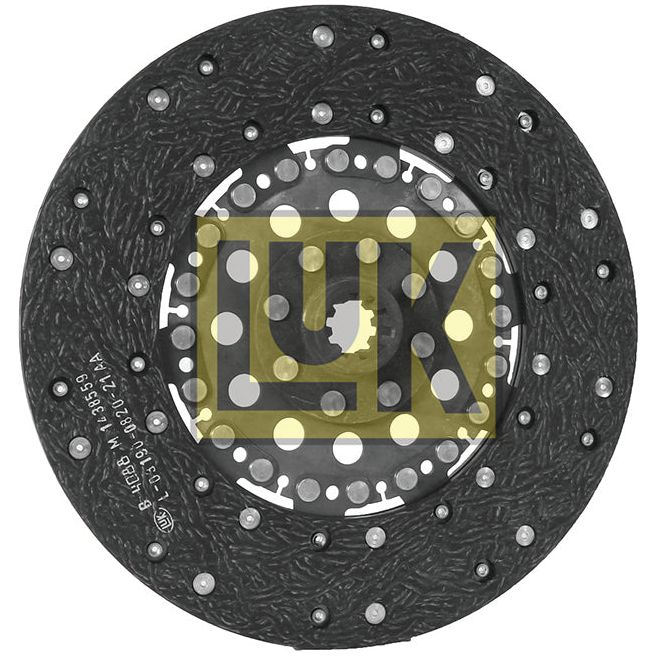 A close-up view of the Sparex Clutch Plate - S.131169, showcasing its textured circular design with a central hub and 10 splines, as well as numerous holes and bolts, placed against a white background.