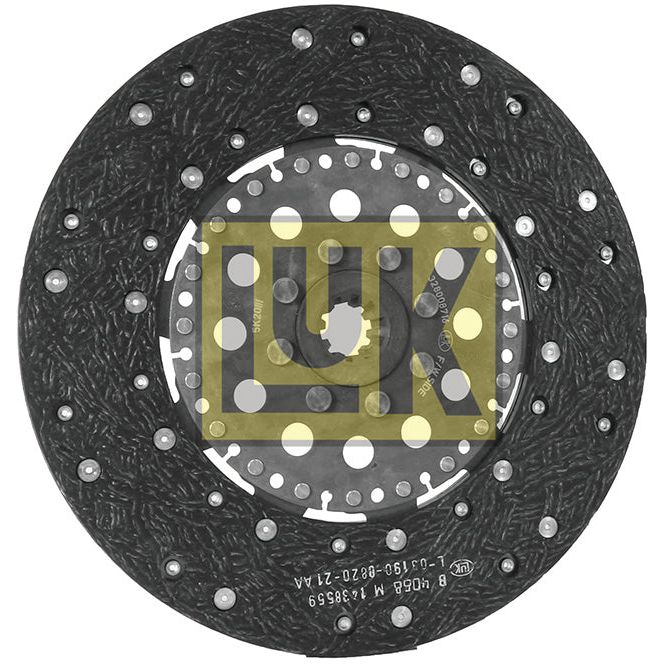 A close-up of the Clutch Plate - S.131169 by Sparex, showcasing its circular black disc with a central hole and multiple silver rivets. The letters "Sparex" are prominently displayed in the center on a yellow background. The organic lining material enhances durability, while the Splines 10 design ensures optimal performance for its 280mm disc size.