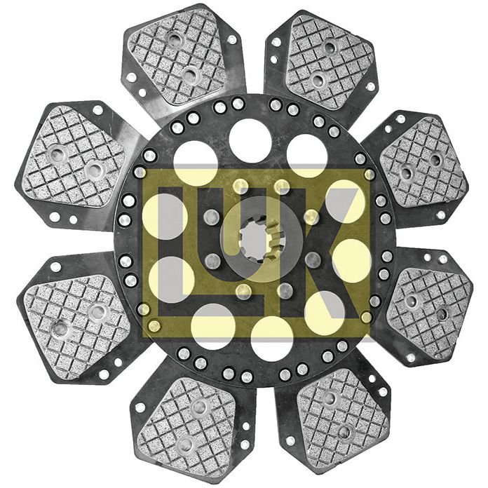 A Sparex Clutch Plate (Part No.S.131176), an automotive component with a cerametallic lining, features eight segmented, textured pads arranged radially around a central circular section that has multiple holes.