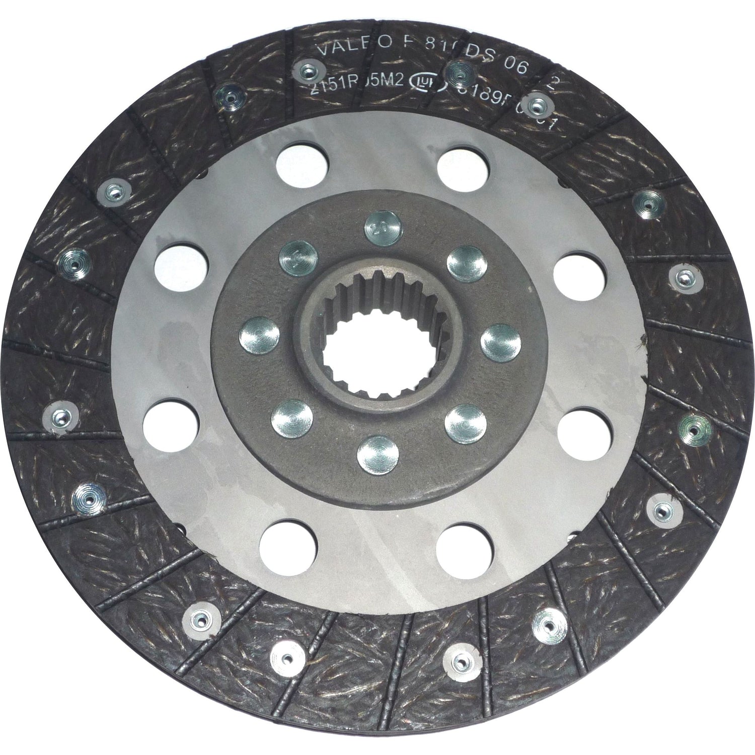 The Sparex Clutch Plate - S.145541 is a 215mm metal automotive clutch disc featuring a central spline, evenly spaced alignment holes around the perimeter, and organic lining material. Engineered for optimal performance in the Deutz-Fahr AGROKID 25.
