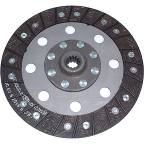 The Sparex Clutch Plate - S.145542 is a round, metallic disc featuring a central hub, multiple bolt holes around the perimeter, and several friction pads made of organic lining material that are evenly spaced on the surface. It is ideal for precision performance in machinery such as the Deutz-Fahr AGROKID.