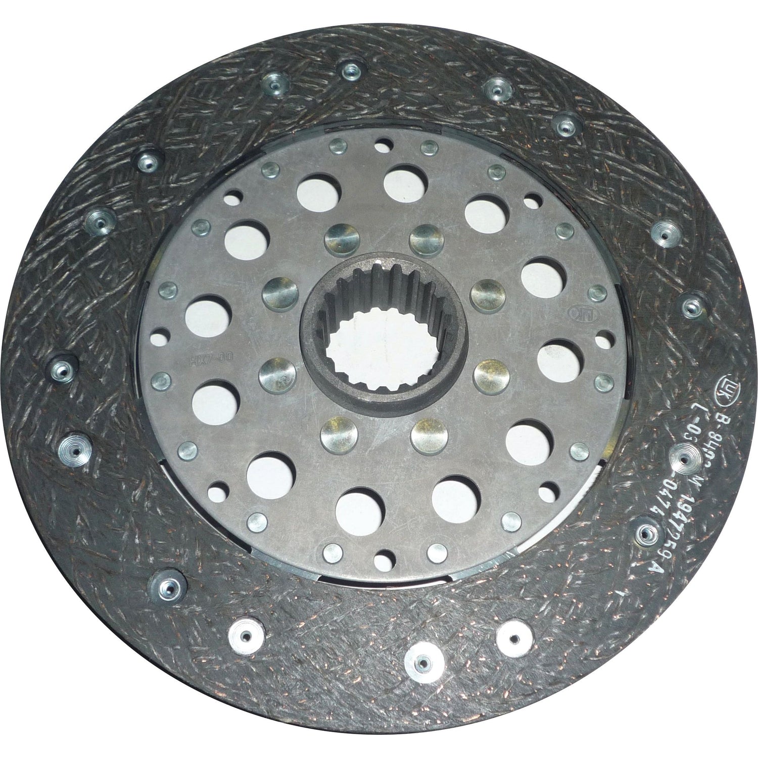 The Sparex Clutch Plate - S.145547 is a metallic, circular component featuring a central hub and multiple holes, with a textured friction surface made from an organic lining material and bolted construction.