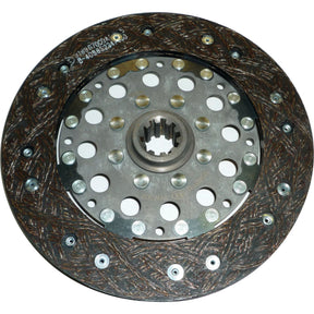 A close-up image of the Clutch Plate - S.145551 by Sparex, a 225mm round metallic automotive clutch disc with 10 splines, showcasing a pattern of holes and organic lining material around the edges.