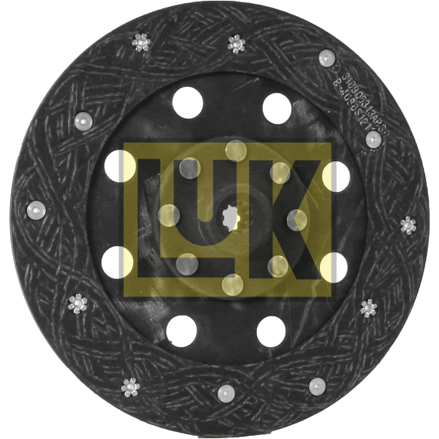 Photograph of a black Sparex Clutch Plate - S.145559 with circular holes and a textured surface. The manufacturer's logo "LUK" is prominently displayed in the center. This sturdy unit features organic lining material for enhanced durability.