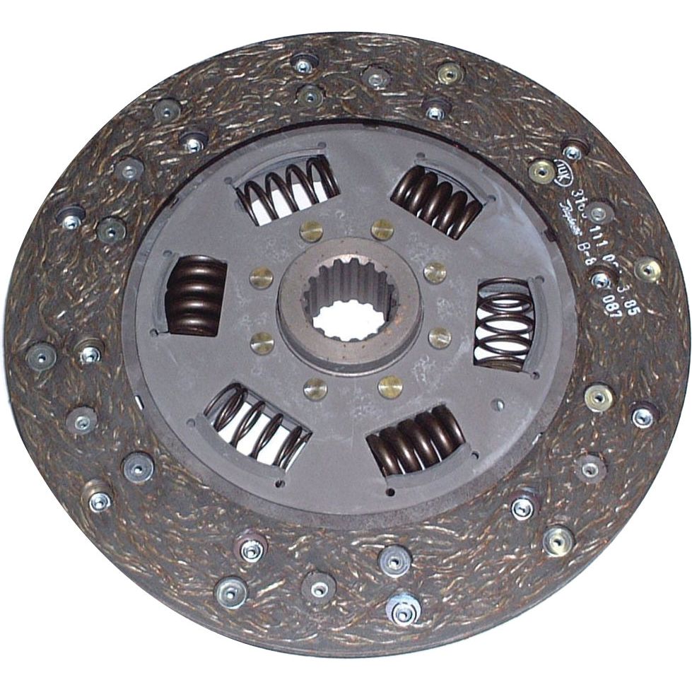 The Sparex Clutch Plate - S.145570 is a circular component with a textured surface, metal springs, and multiple small rivets arranged around its circumference. It features a disc size of 225mm and is constructed with organic lining material.