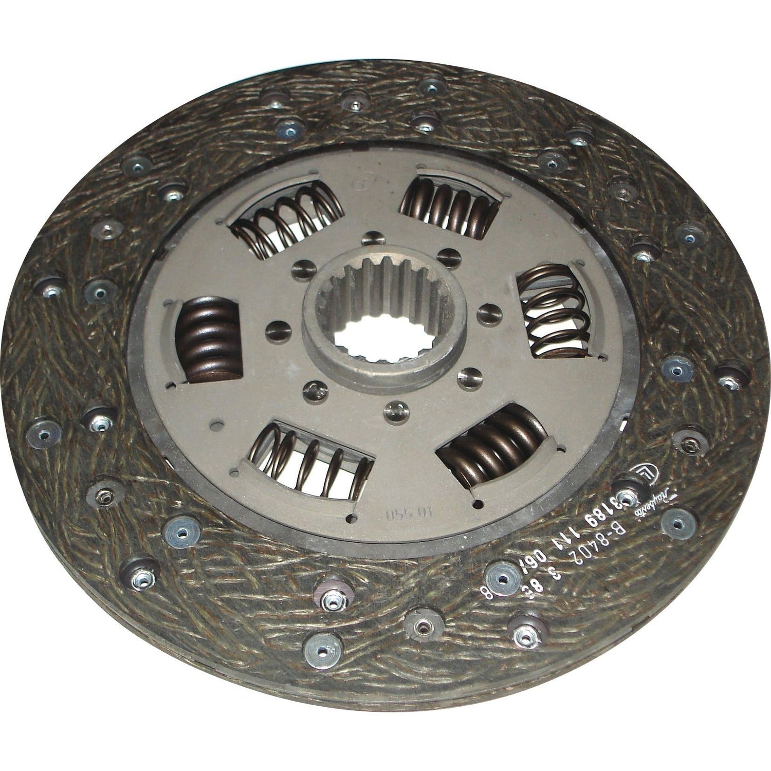 Close-up of the Sparex Clutch Plate - S.145573, showcasing a 225mm disc with a network of springs and rivets. The central hub features a gear spline, while the outer surface displays a textured pattern made from organic lining material.