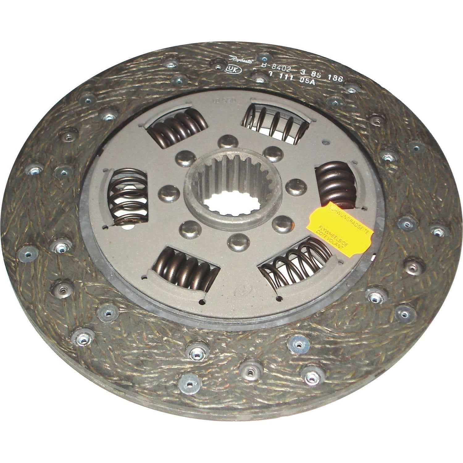 The Sparex Clutch Plate - S.145573 is a circular metal clutch plate featuring six springs evenly spaced around the center, designed specifically for the Deutz-Fahr AGROKID. It boasts a 225mm disc with an organic lining material.
