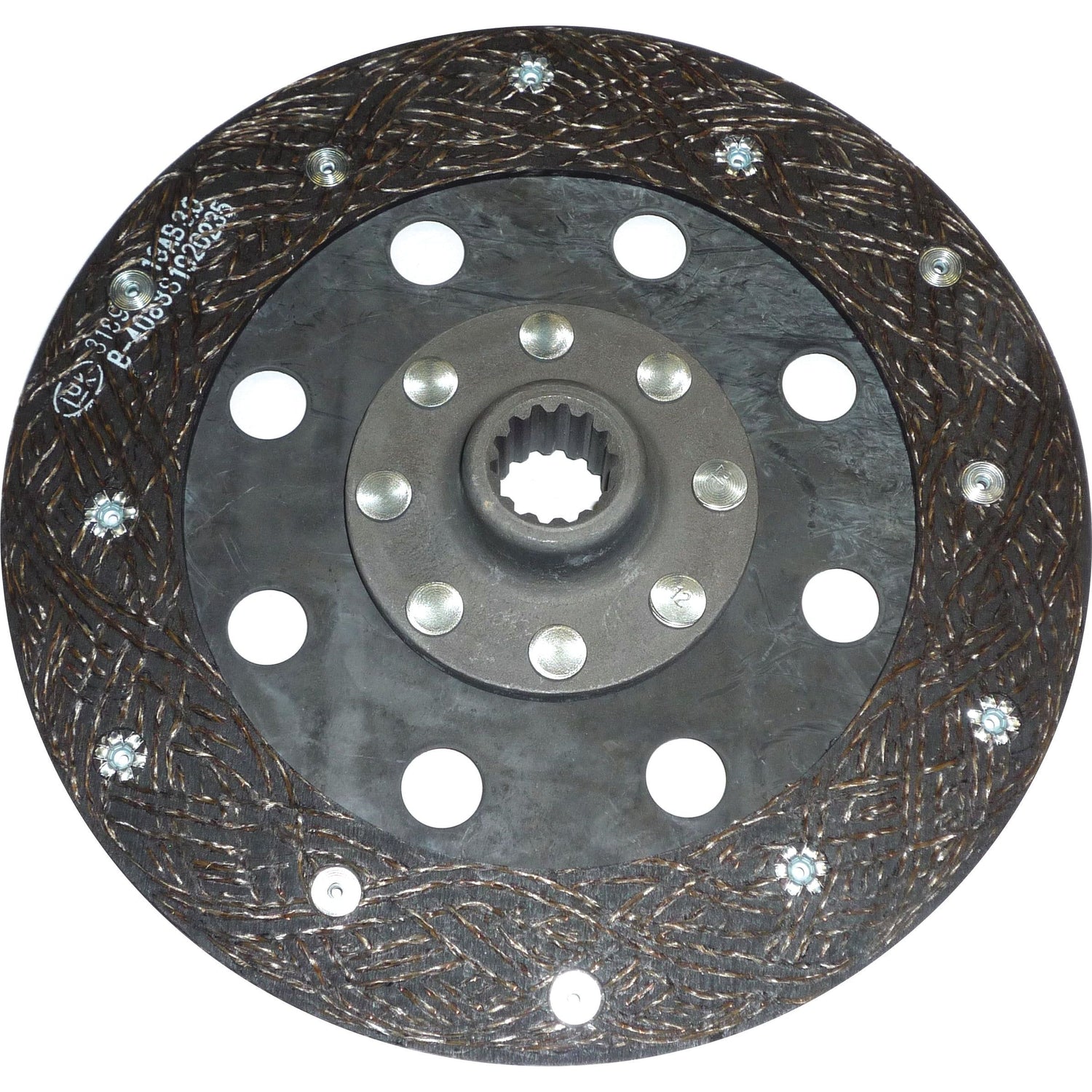 A close-up image of the Clutch Plate - S.145574 by Sparex showcases its metal central hub, friction material, and symmetrically arranged circular cutouts. This rigid type disc features organic lining material to enhance performance and has an overall size of 225mm for precise compatibility.