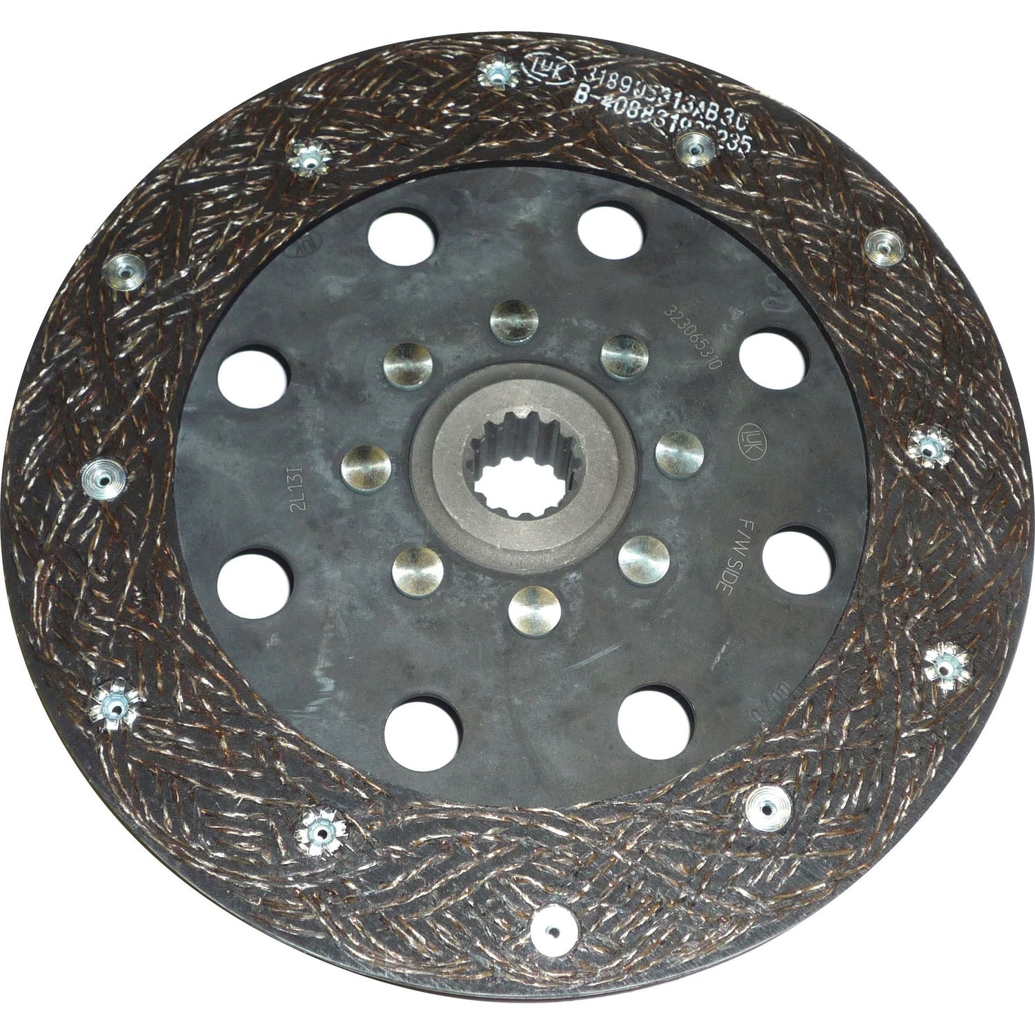 Image of Sparex Clutch Plate - S.145574, a rigid-type metal clutch disc with a textured friction surface and multiple holes around the center, featuring an organic lining material and measuring 225mm in size, used in vehicle transmissions.