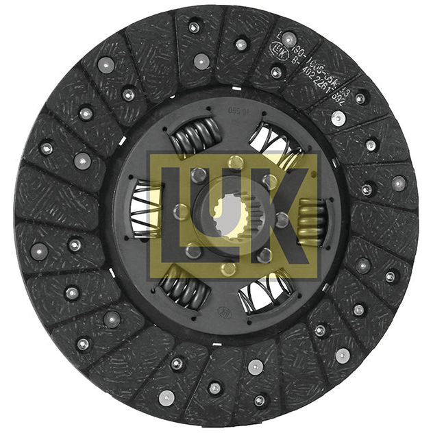 A circular, textured automotive clutch plate (S.145592) from the brand Sparex, featuring a central hub and multiple torsion springs. The plate, with the "LUK" logo prominently displayed in the center, is made from organic lining material and has a diameter of 250mm.