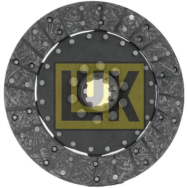 A product by Sparex, the Clutch Plate - S.145594, is a circular metallic automotive part that features the letters "LUK" in yellow and black at its center. It has a textured surface pattern, multiple small holes around the circumference, and 10 splines.
