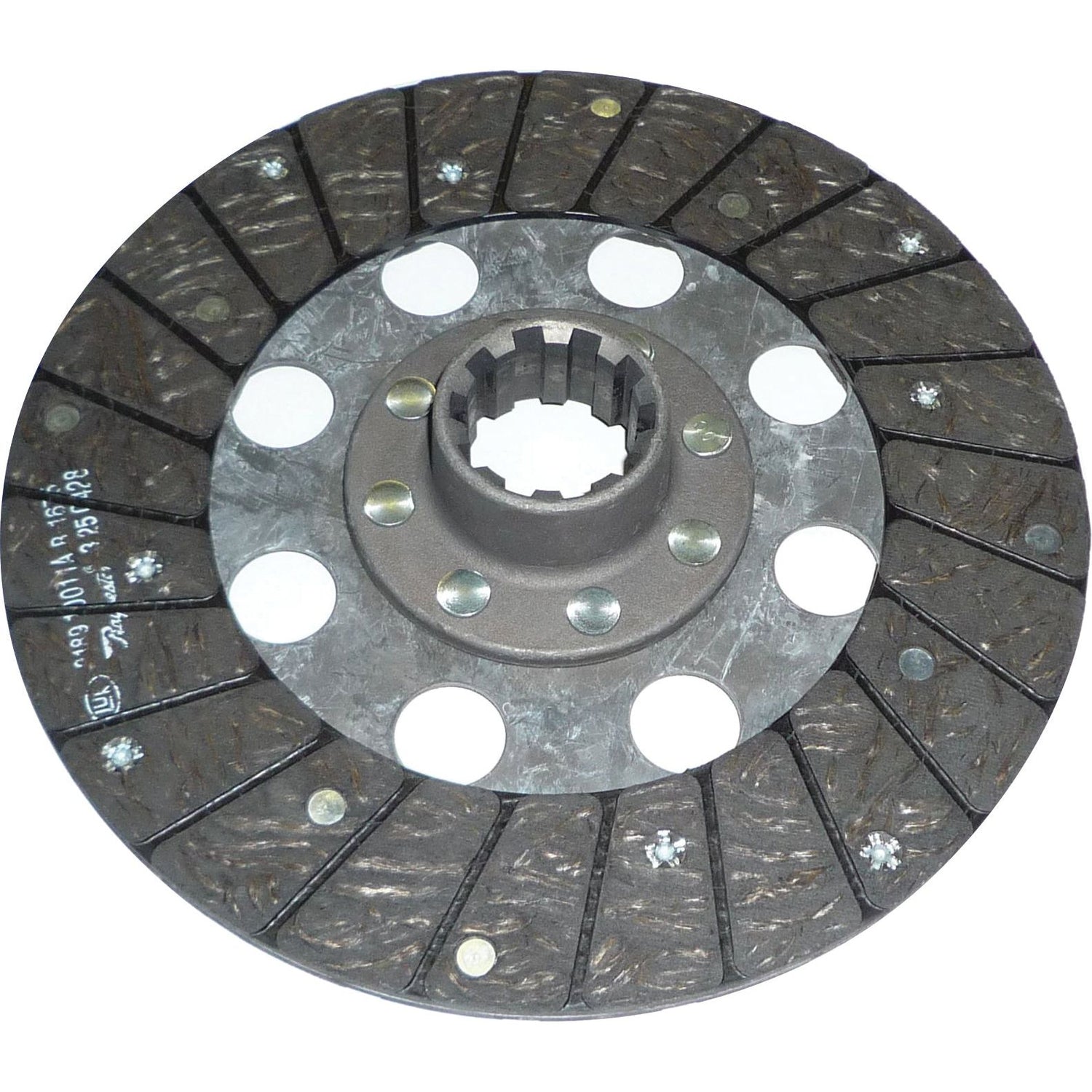 The Clutch Plate - S.145595 by Sparex is a round metal disc with a central hole, featuring a dark surface adorned with multiple grooves and ridges. It is likely intended for use as a 250mm vehicle clutch disc and includes several smaller holes around its circumference, along with 10 splines to enhance performance.