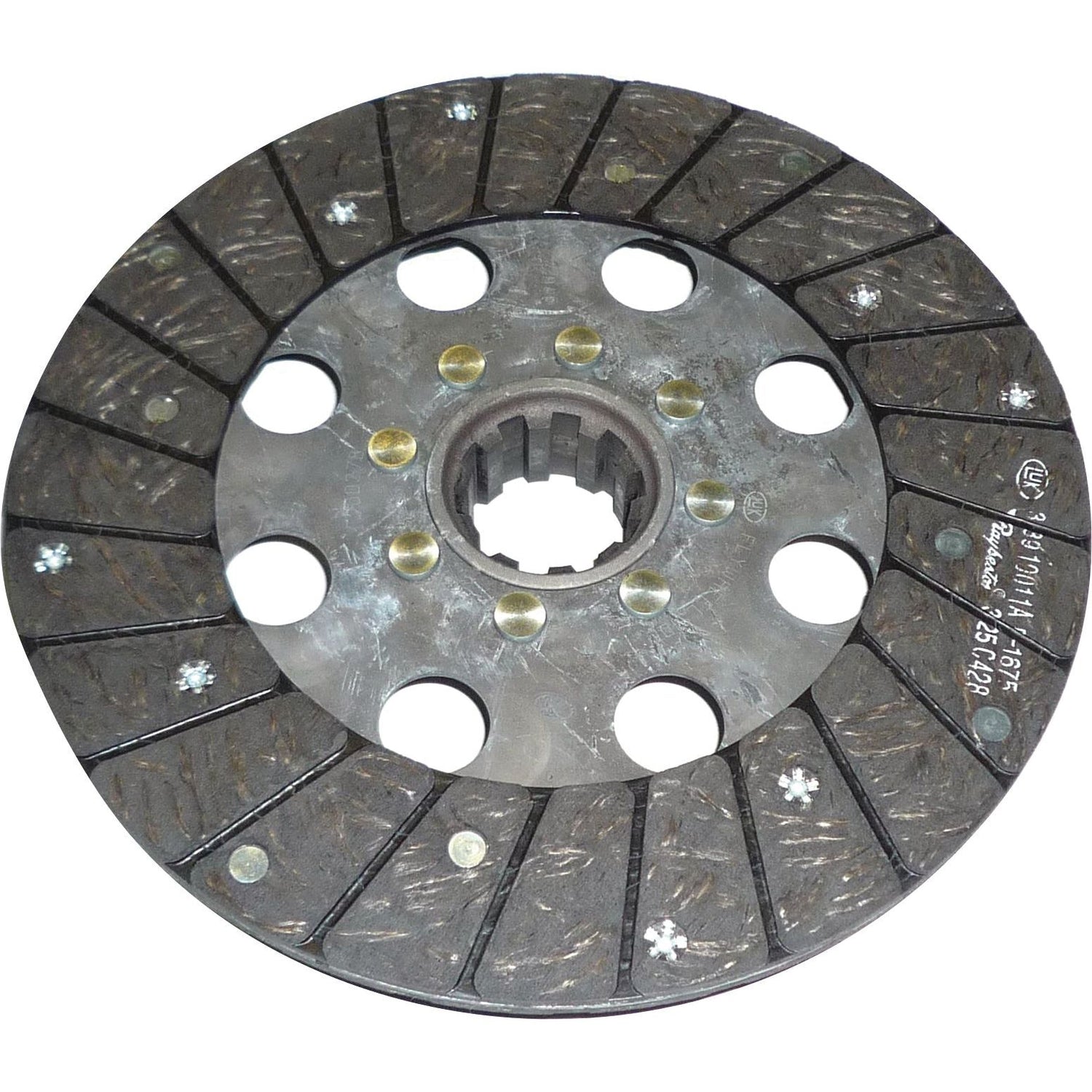The Clutch Plate - S.145595 from Sparex is a brown and silver vehicle clutch disc with visible slots and holes, designed for transmission systems. It features 10 splines and a 250mm disc made from organic lining material.