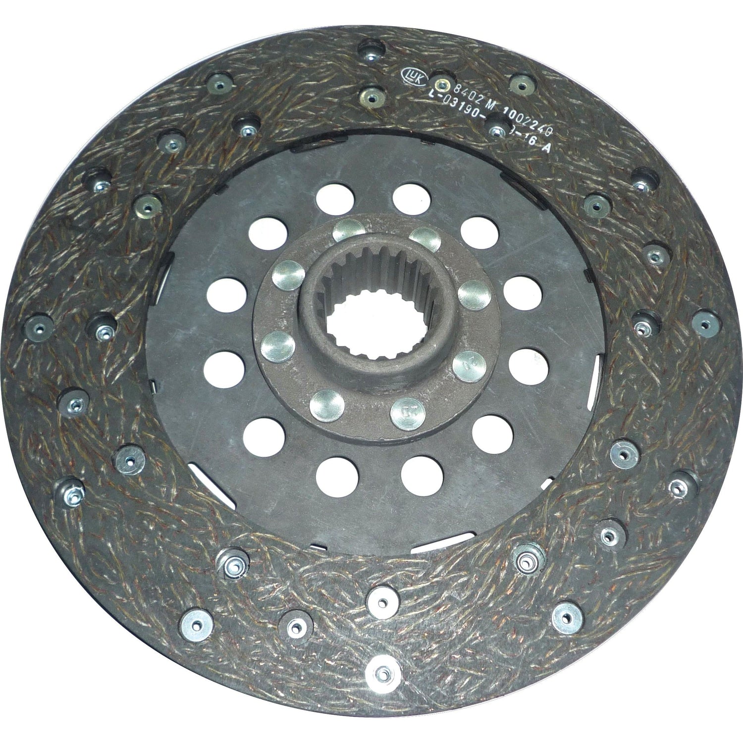 The Sparex Clutch Plate - S.145608 is a 250mm round metallic friction disc, boasting a textured surface, a central hub, and multiple circular holes arranged radially. It features an organic lining material for enhanced performance and has 20 splines.