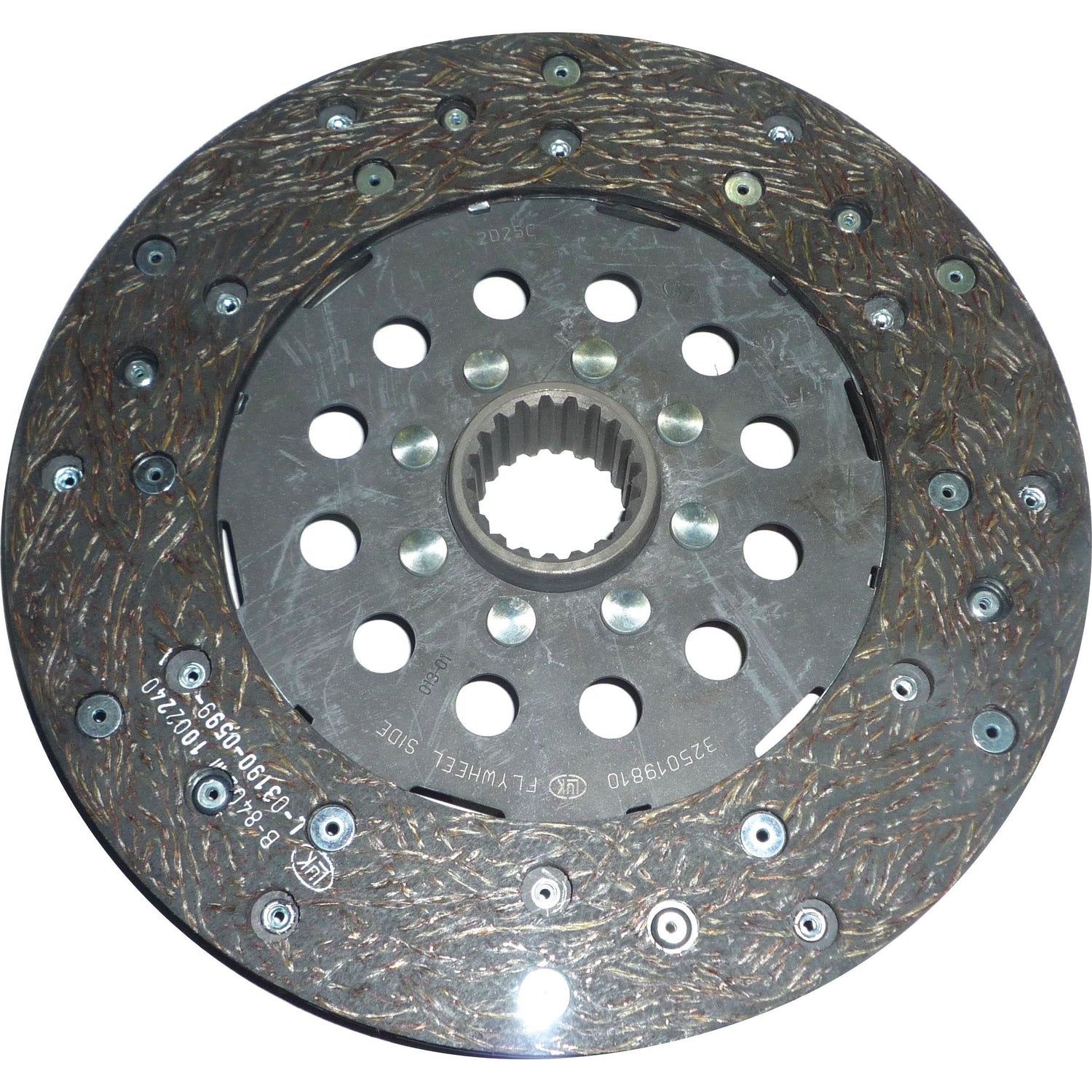 Close-up view of the Clutch Plate - S.145608 by Sparex, a round, metallic, industrial component with a textured outer surface and a perforated center featuring splines 20.
