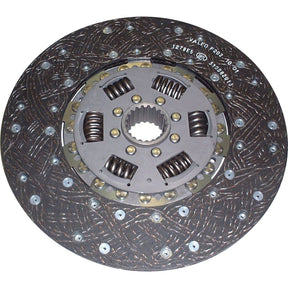 A close-up image of the Clutch Plate - S.145620 by Sparex, showcasing its metal construction with torsion sprung springs and a patterned friction surface made from organic lining material.