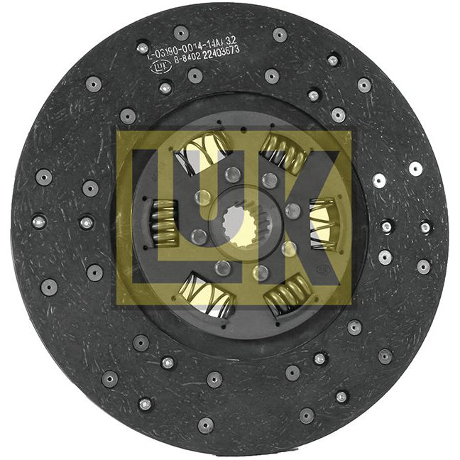 A circular clutch plate, branded "Sparex" with the product code S.145632, features visible torsion springs and an organic lining material. The disc, marked with various product codes and adorned with a yellow "LUK" logo, has a disc size of 280mm.