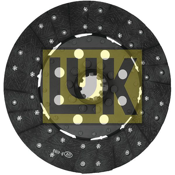 A black clutch plate (S.145638) from Sparex, featuring a yellow and black LUK logo overlay. The disc includes 10 splines and is made with organic lining material, with visible rivets and textured surface sections.