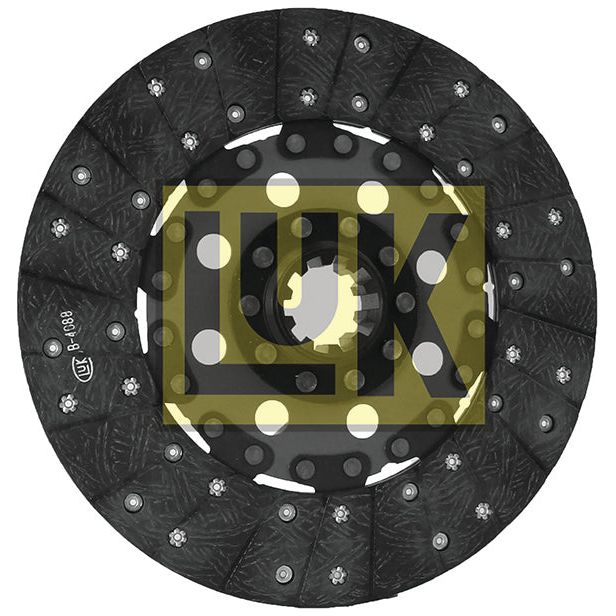 The Clutch Plate - S.145638 by Sparex features black friction material segments and metal components, prominently displaying the LUK logo at its center. Designed with a 280mm disc size and equipped with 10 splines, it is further enhanced by its durable organic lining material.