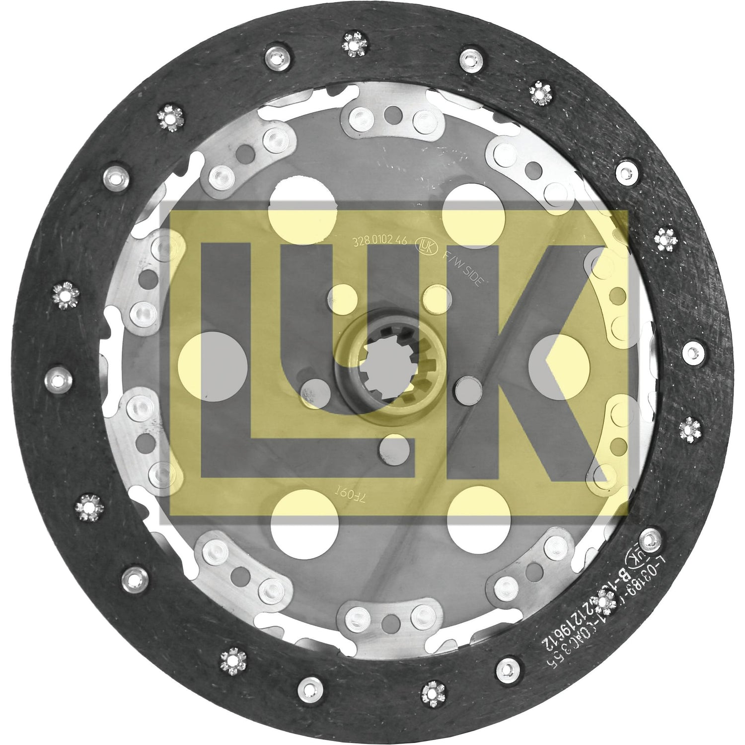 A circular automotive part from the Sparex brand, featuring metal hardware and a black rubber encasement with the "LuK" logo in the center. The Clutch Plate - S.145640 boasts an organic lining material and measures 280mm in diameter for optimal performance.