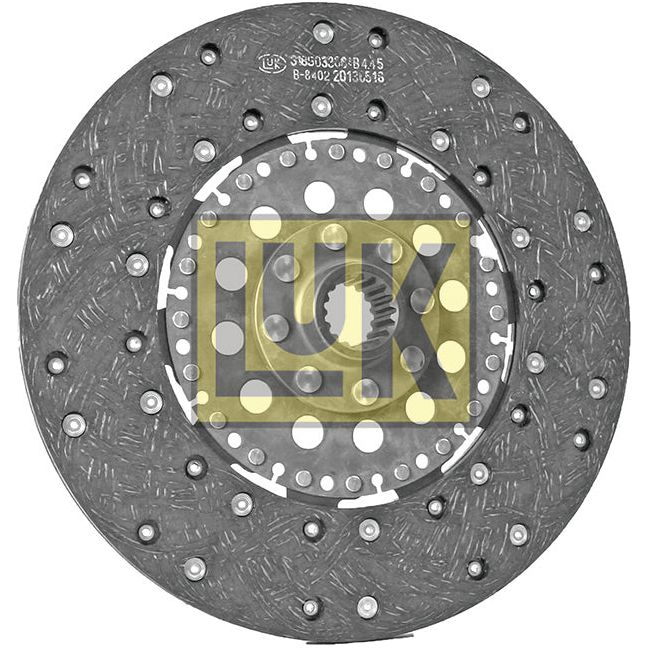 A circular automotive clutch plate, product number S.145641 by Sparex, comes with a textured surface and multiple holes. Measuring 280mm in diameter, it features an organic lining material for enhanced durability. The yellow and black logo in the center reads "LuK".