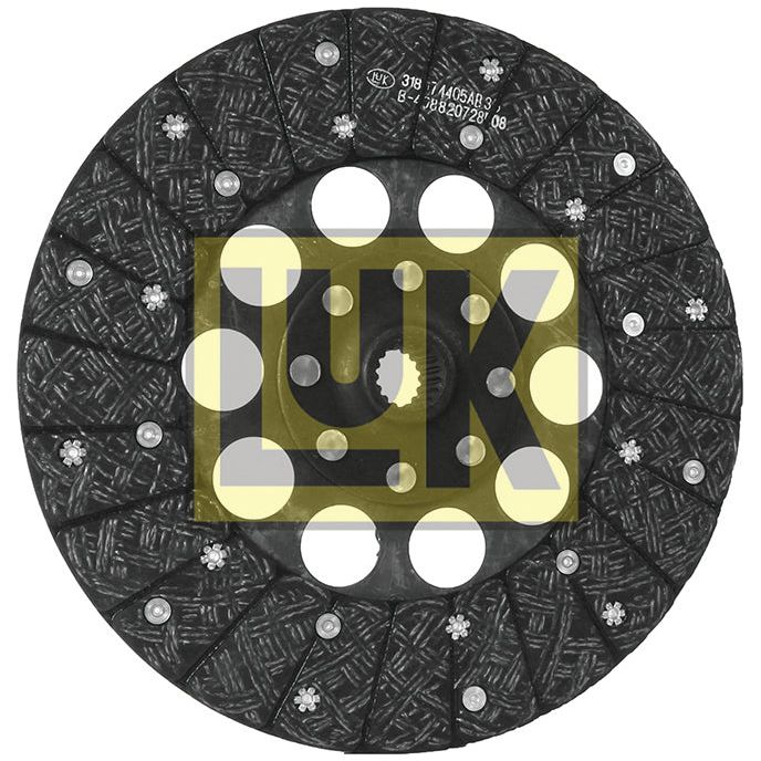 A circular clutch disc, known as the Clutch Plate - S.145649 from Sparex, features a textured black surface with multiple holes and showcases precision with an optimized disc size and robust lining material for enhanced durability.