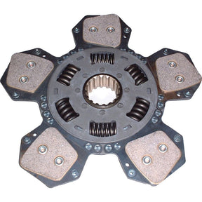 The Sparex Clutch Plate - S.145652 is a 280mm cerametallic mechanical component featuring a central circular hub with teeth and six outward extending arms, each fitted with torsion sprung mechanisms and friction pads.