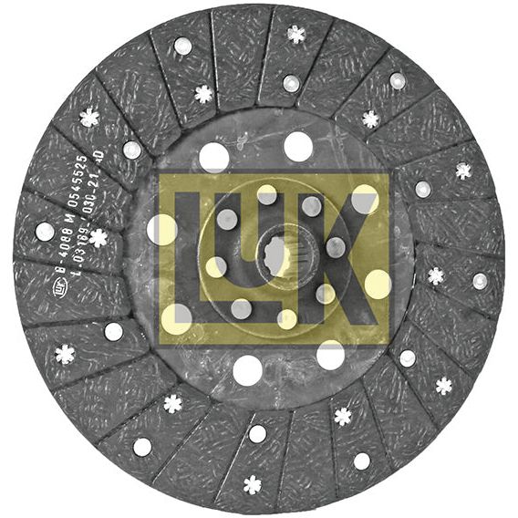 Close-up of a circular metal clutch plate disc with multiple holes, textured surface, and the "Sparex" logo imprinted in the center. The organic lining material enhances the durability and performance of the Clutch Plate | Sparex Part No.S.145664.