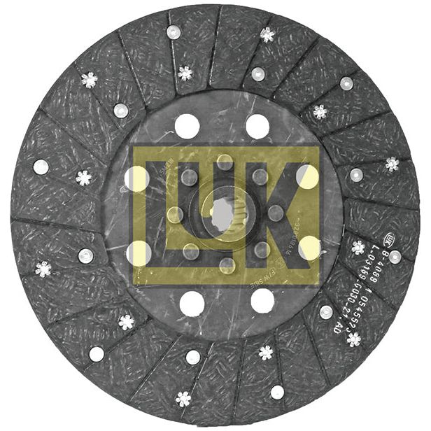 A circular automotive clutch plate from Sparex, featuring a textured surface and several rivet holes, crafted with durable organic lining material. This is the Clutch Plate | Sparex Part No.S.145664.