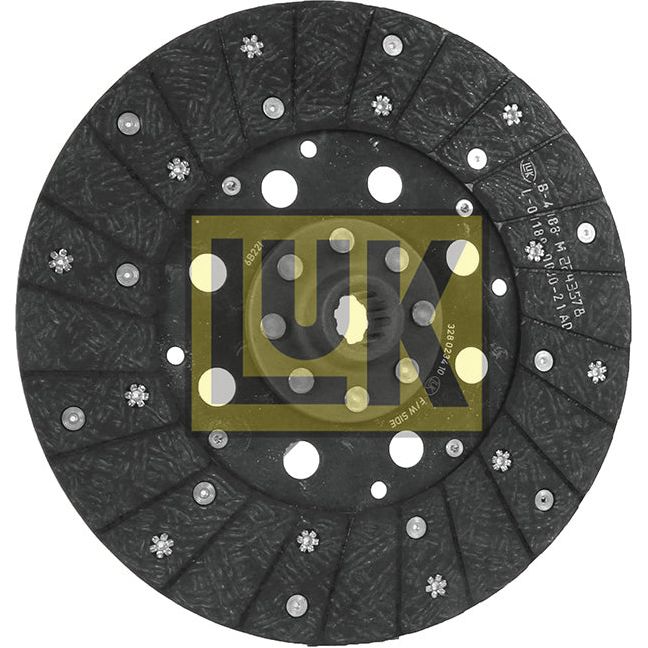 The Clutch Plate - S.145668 by Sparex is a black, circular automotive clutch disc featuring multiple holes and bolted joints. It sports a yellow "LUK" logo in the center and boasts an organic lining material along with a 280mm disc size for optimal performance.