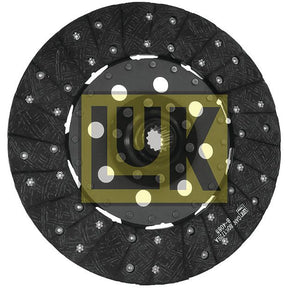 Image of the Clutch Plate - S.145675 by Sparex, showcasing a black automotive clutch disk with a yellow "LUK" logo at the center. This 280mm disk features an organic lining material and has a circular pattern with small metal rivets along its circumference.