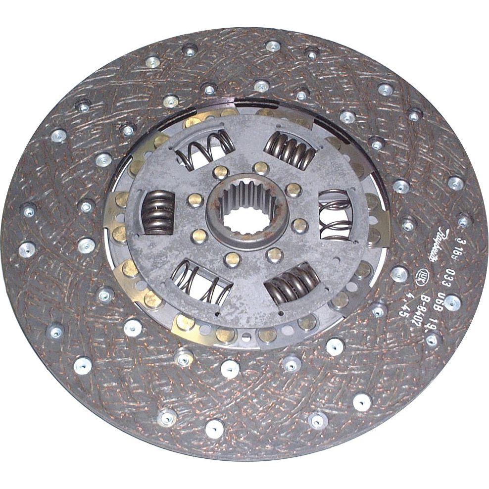 Close-up of the Sparex Clutch Plate - S.145680, highlighting its torsion sprung design and organic lining material, with visible springs and friction surface.