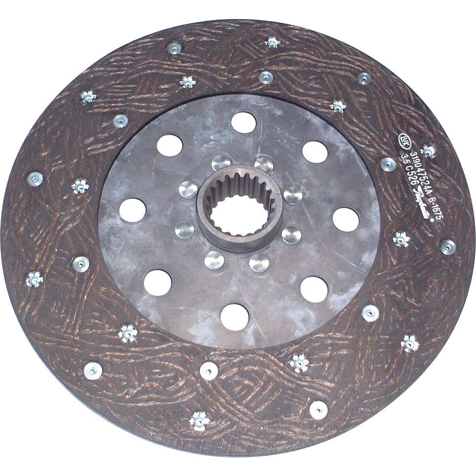 A close-up image of the Sparex Clutch Plate - S.145683, showcasing its rigid type design with a metal center and surrounding friction material. The circular disc, measuring 280mm in diameter, features multiple small holes and a complex textured pattern on its surface, enhanced by its organic lining material.