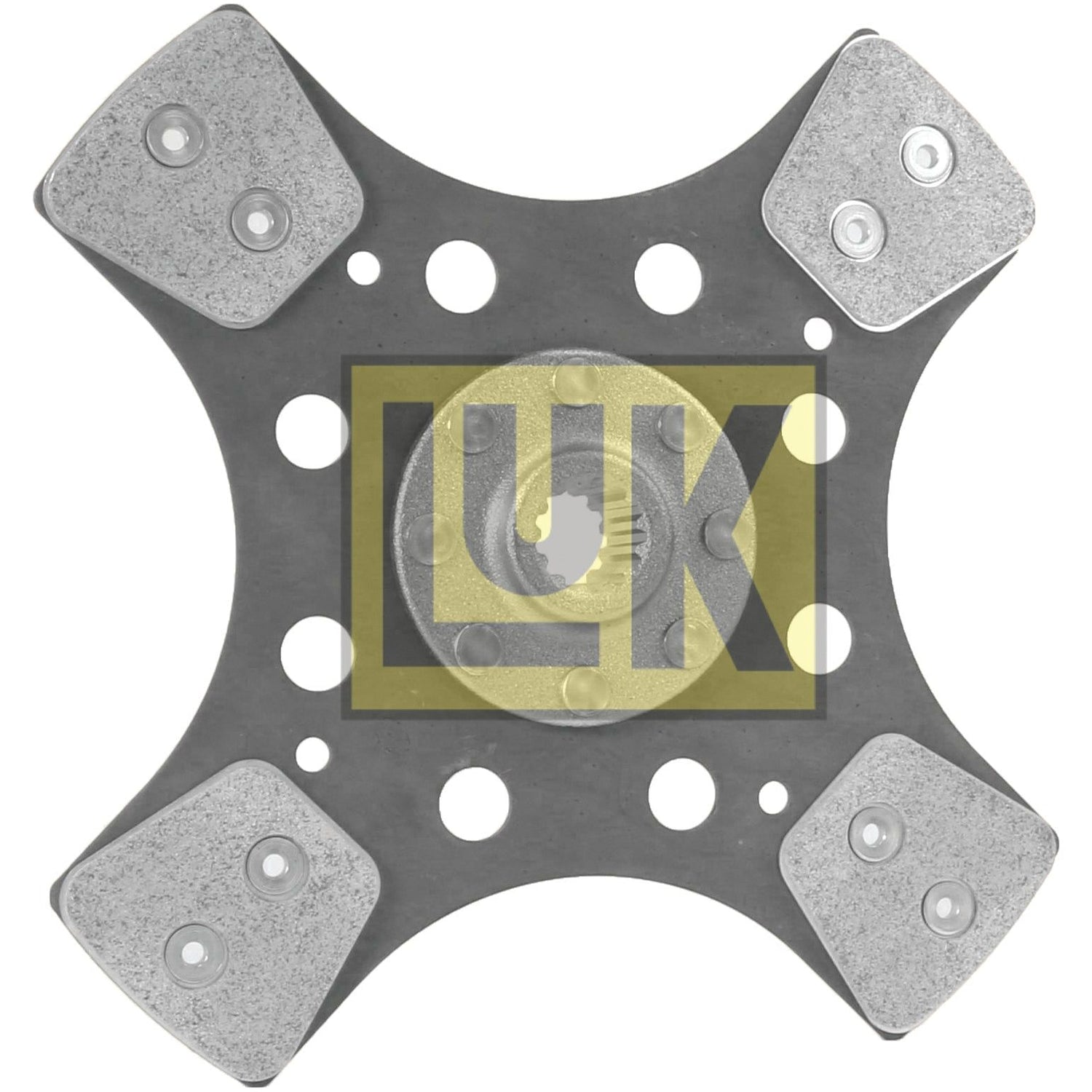 The Sparex Clutch Plate - S.145684 is a robust cerametallic metal automotive part with a square shape, featuring four rounded edges, multiple circular holes, and a central hub. It prominently displays the text "LUK" in the middle and has a disc size of 280mm.