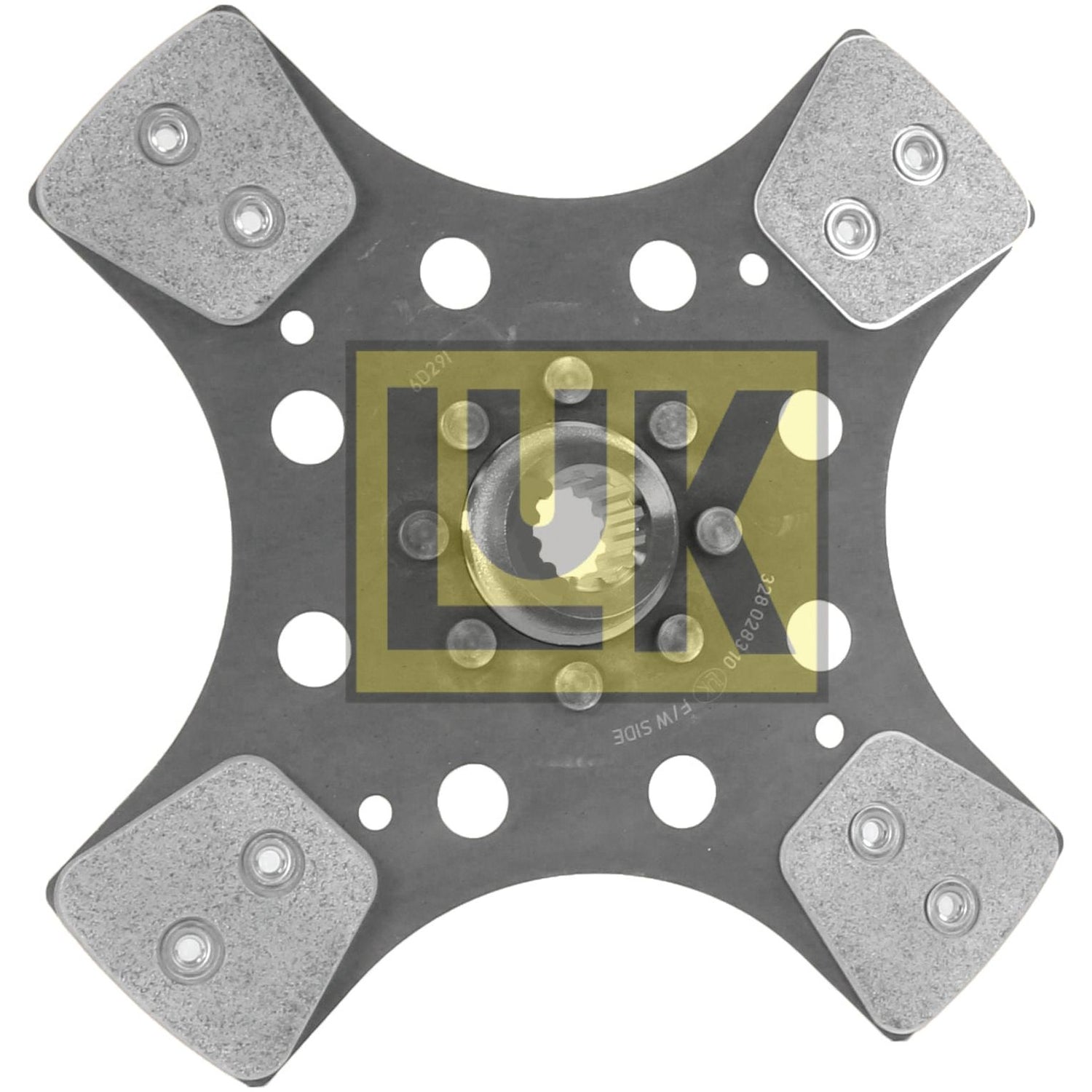 A square metal component from Sparex, model Clutch Plate - S.145684, features four protruding pads and multiple circular holes with a central gear-like opening. The word "LUK" is displayed on the 280mm cerametallic disc.