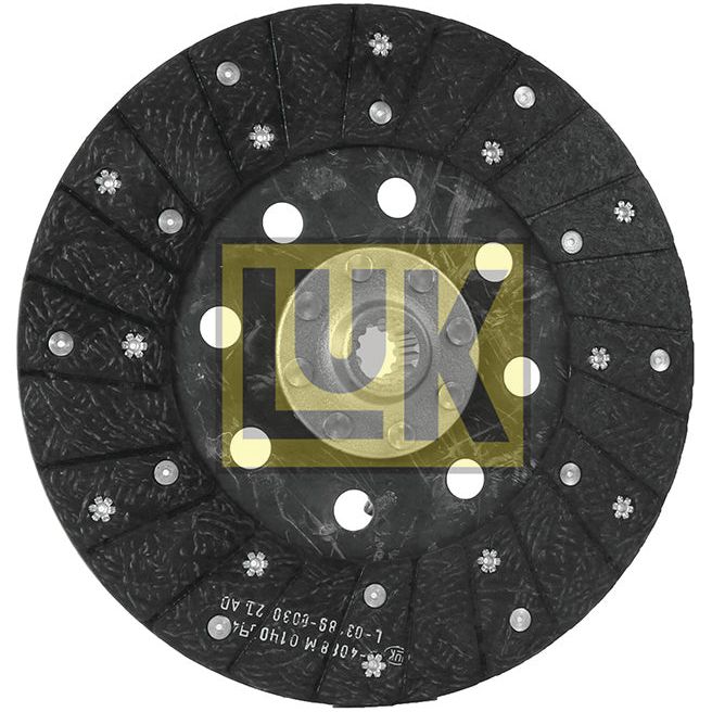 A textured metal clutch plate, model S.145686 from Sparex, featuring multiple holes and splines as well as protruding rivets, with the "LUK" logo printed in yellow letters.