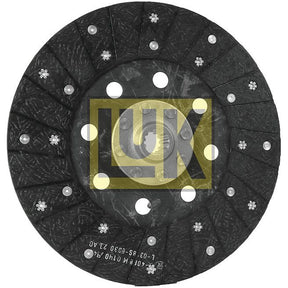 A textured metal clutch plate, model S.145686 from Sparex, featuring multiple holes and splines as well as protruding rivets, with the "LUK" logo printed in yellow letters.