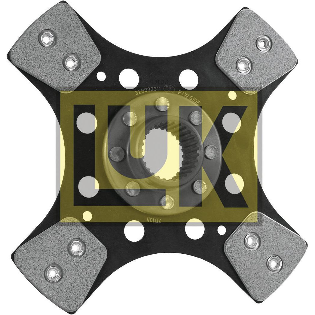 Here is a description of Clutch Plate - S.145694 from Sparex: It is a metal automotive part with four protruding sections, each secured by two bolts. The part features a circular center with gear-like teeth and an LUK logo in large yellow letters. Additionally, the component includes a cerametallic lining for enhanced durability.