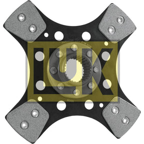 Here is a description of Clutch Plate - S.145694 from Sparex: It is a metal automotive part with four protruding sections, each secured by two bolts. The part features a circular center with gear-like teeth and an LUK logo in large yellow letters. Additionally, the component includes a cerametallic lining for enhanced durability.