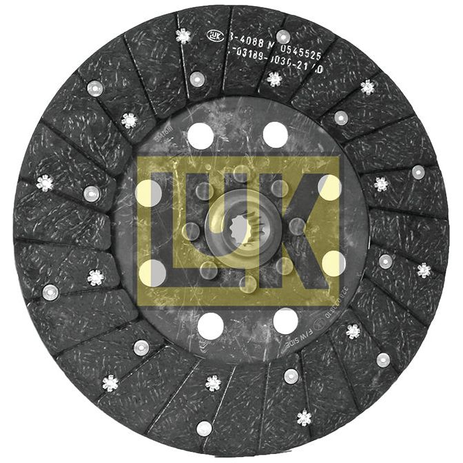 A rigid, black clutch plate known as the Clutch Plate - S.145698 by Sparex, featuring a yellow "LUK" logo at the center. It includes radial segments and bolt holes around the edges and is made from organic lining material, with a disc size of 280mm.