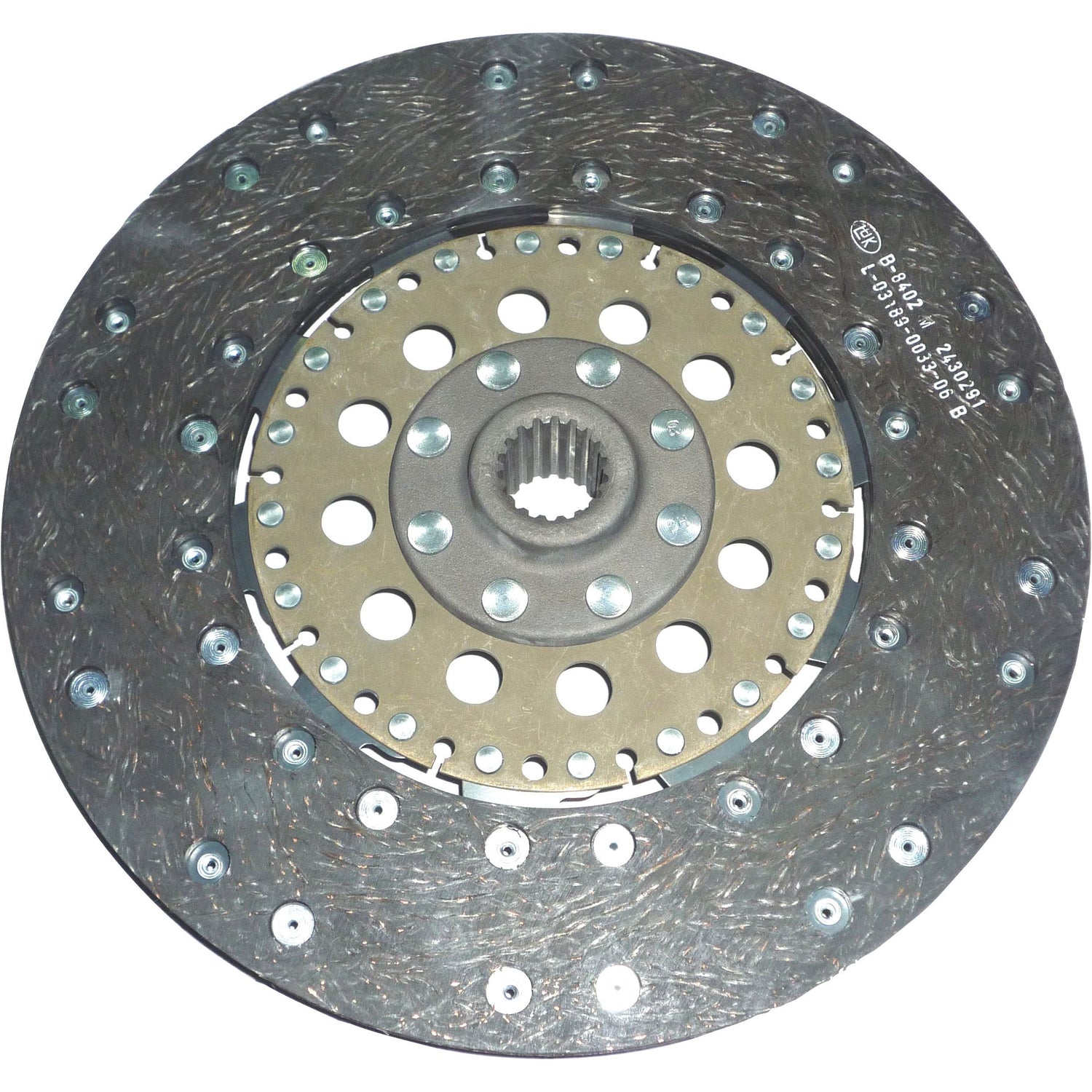 Close-up image of the Sparex Clutch Plate - S.145699, showcasing its metallic circular design with several holes and rivets around the center. The central hub, featuring precise splines for attachment to a vehicle's transmission, includes organic lining material for enhanced friction and durability.
