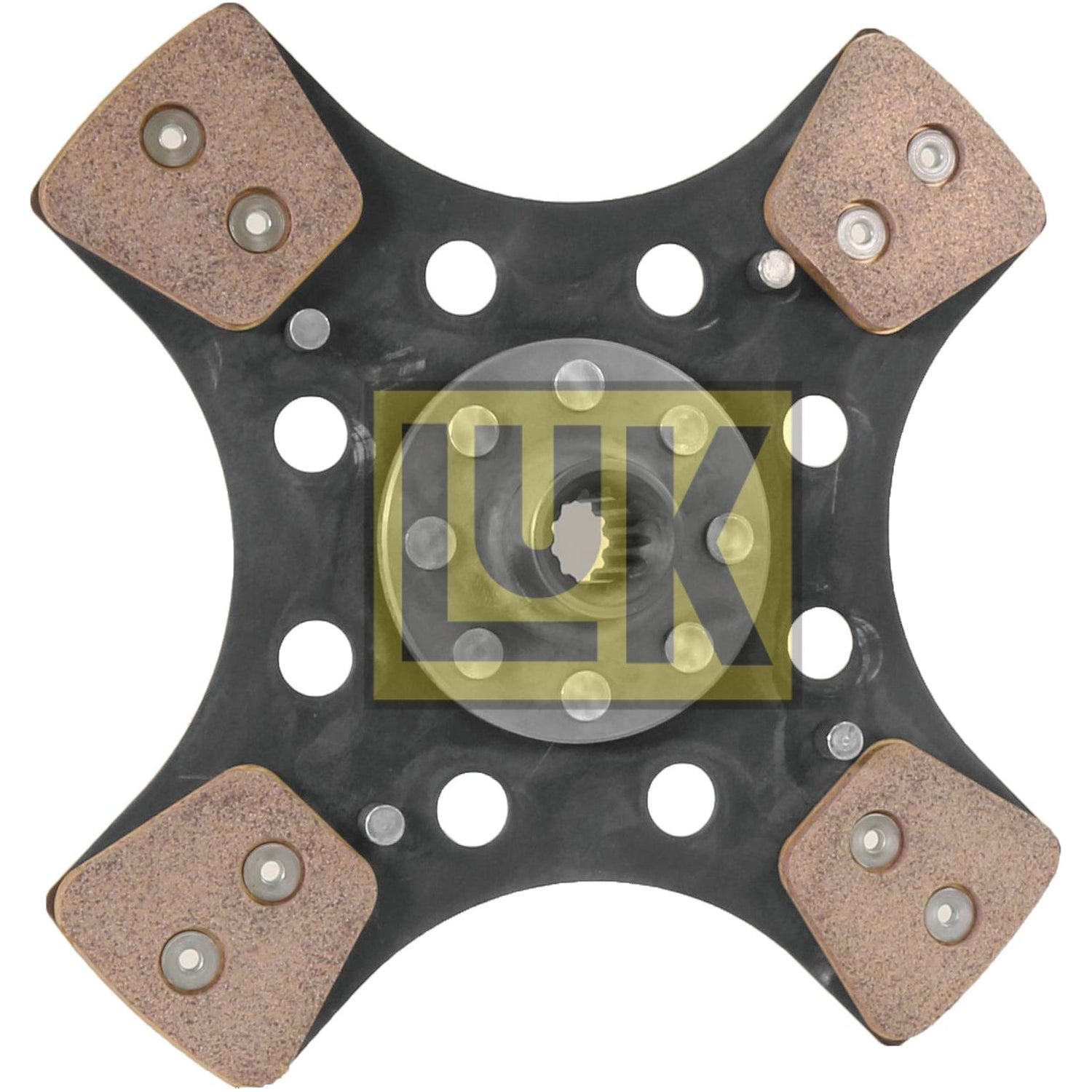 Image of the Sparex Clutch Plate - S.145713, highlighting its four-paddle design with cerametallic friction material pads and a central spline hub. The disc size is 280mm, ensuring optimal performance.
