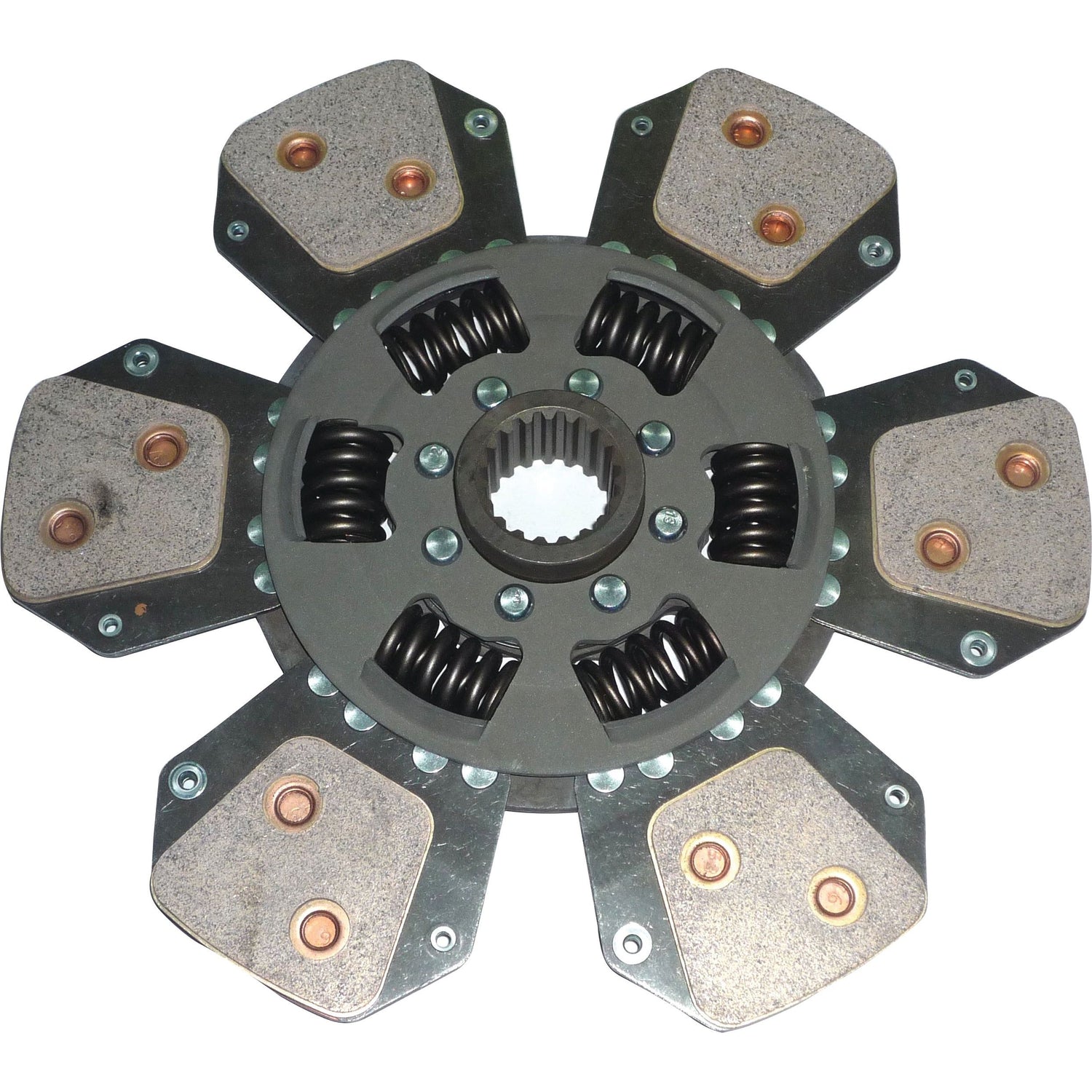 The Clutch Plate - S.145715 from Sparex features a metallic disc with six pads, each equipped with two copper-colored rivets and cerametallic lining. The center includes black springs and a splined hub designed for engaging a transmission shaft.