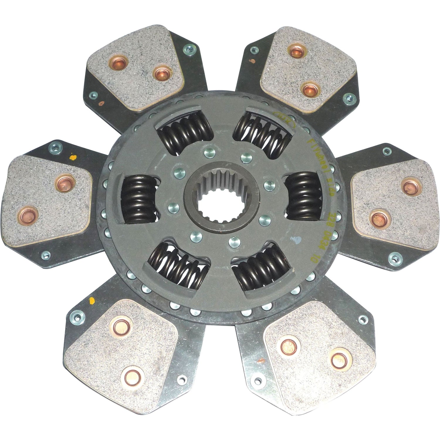 A close-up of the Sparex Clutch Plate - S.145715, a six-paddled disc with Cerametallic lining, featuring springs and a central splined hub.